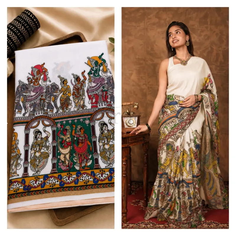 Mul Semi Silk Saree Featuring Kalamkari Print view 6