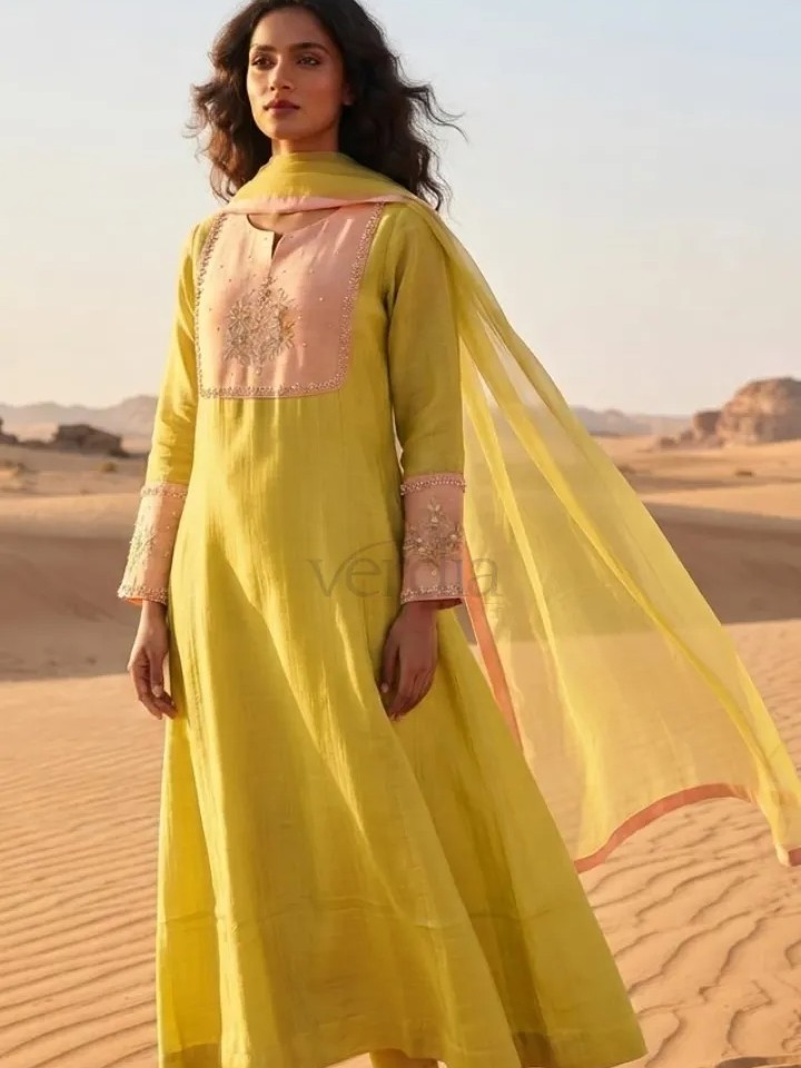 Mul Chanderi Dress Set With Hand Work