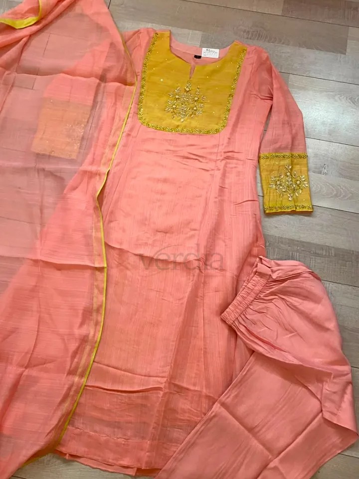 Mul Chanderi Dress Set With Hand Work