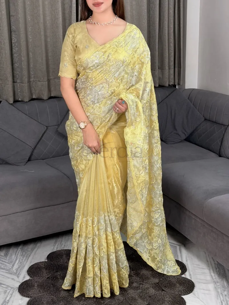 Silk Saree With Sequins And Thread Embroidered Blouse view 12