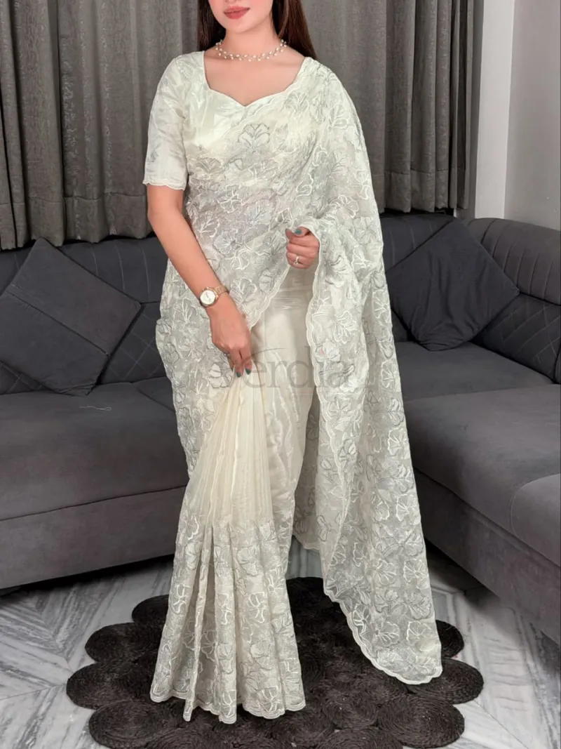Silk Saree With Sequins And Thread Embroidered Blouse view 5