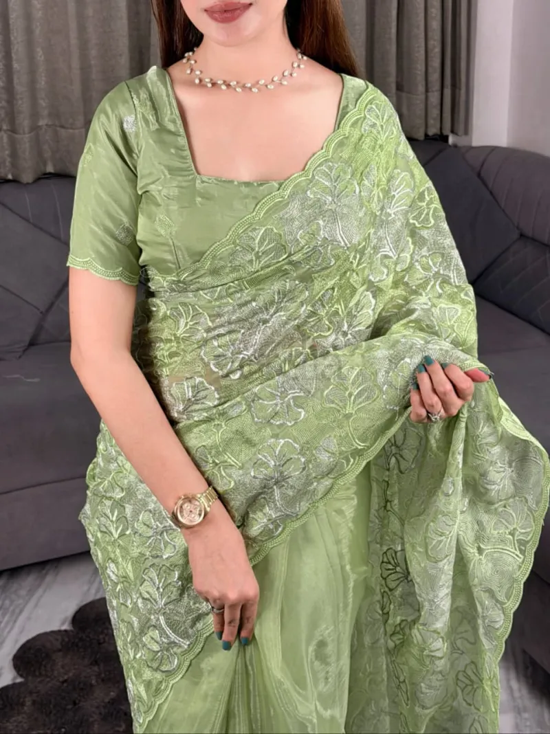 Silk Saree With Sequins And Thread Embroidered Blouse view 6