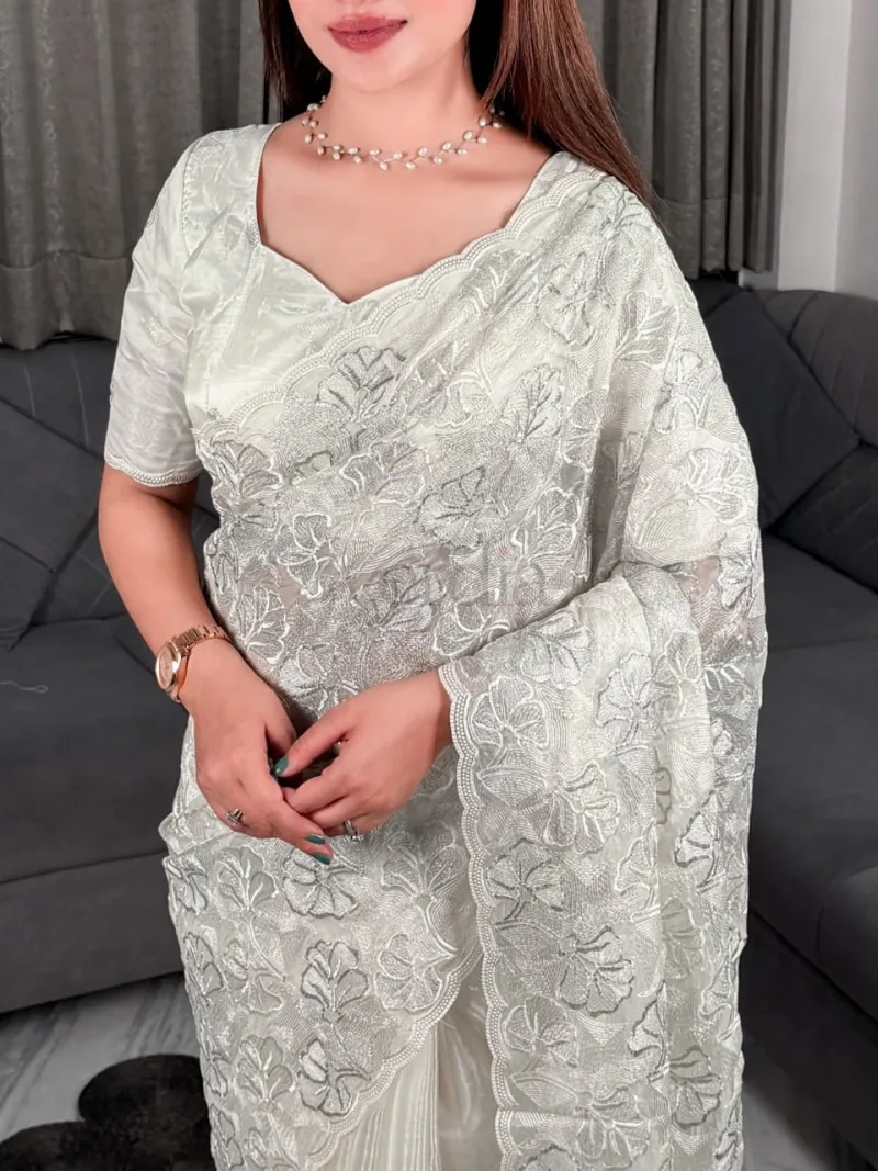 Silk Saree With Sequins And Thread Embroidered Blouse view 7