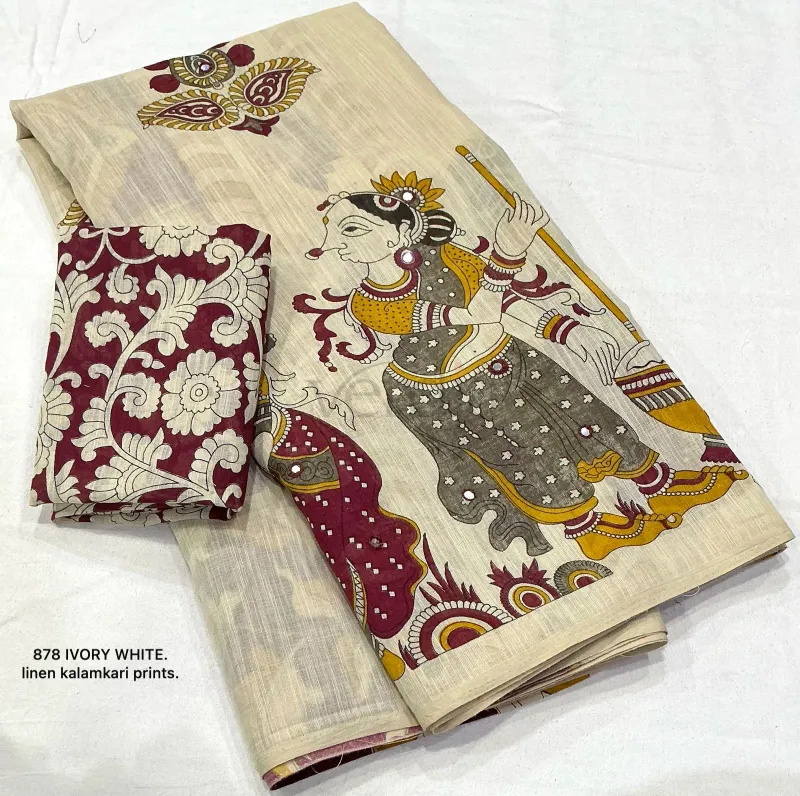 Soft Linen Printed Saree in Madhubani and Kalamkari Styles view 2
