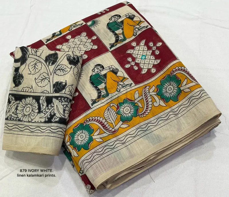 Soft Linen Printed Saree in Madhubani and Kalamkari Styles