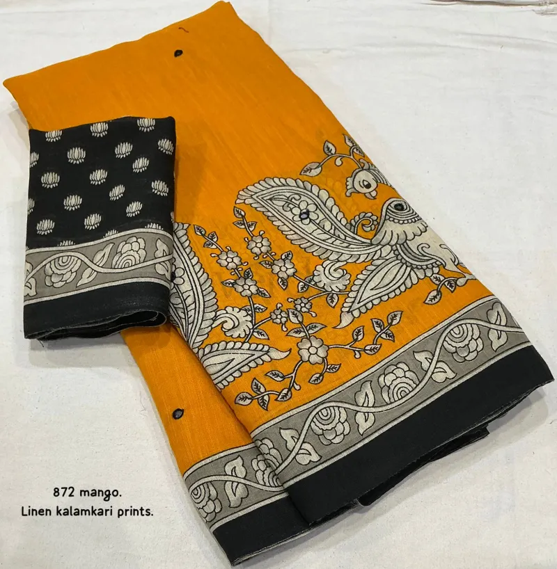 Soft Linen Printed Saree in Madhubani and Kalamkari Styles view 4