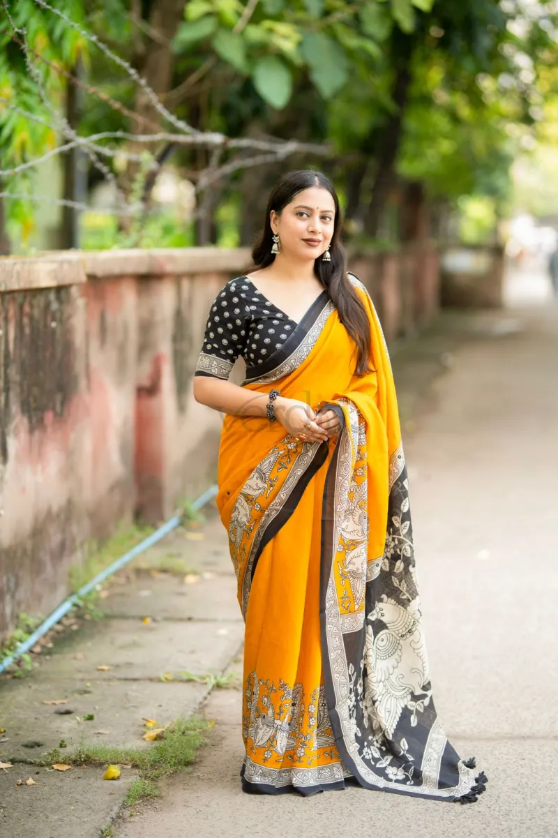 Soft Linen Printed Saree in Madhubani and Kalamkari Styles view 7