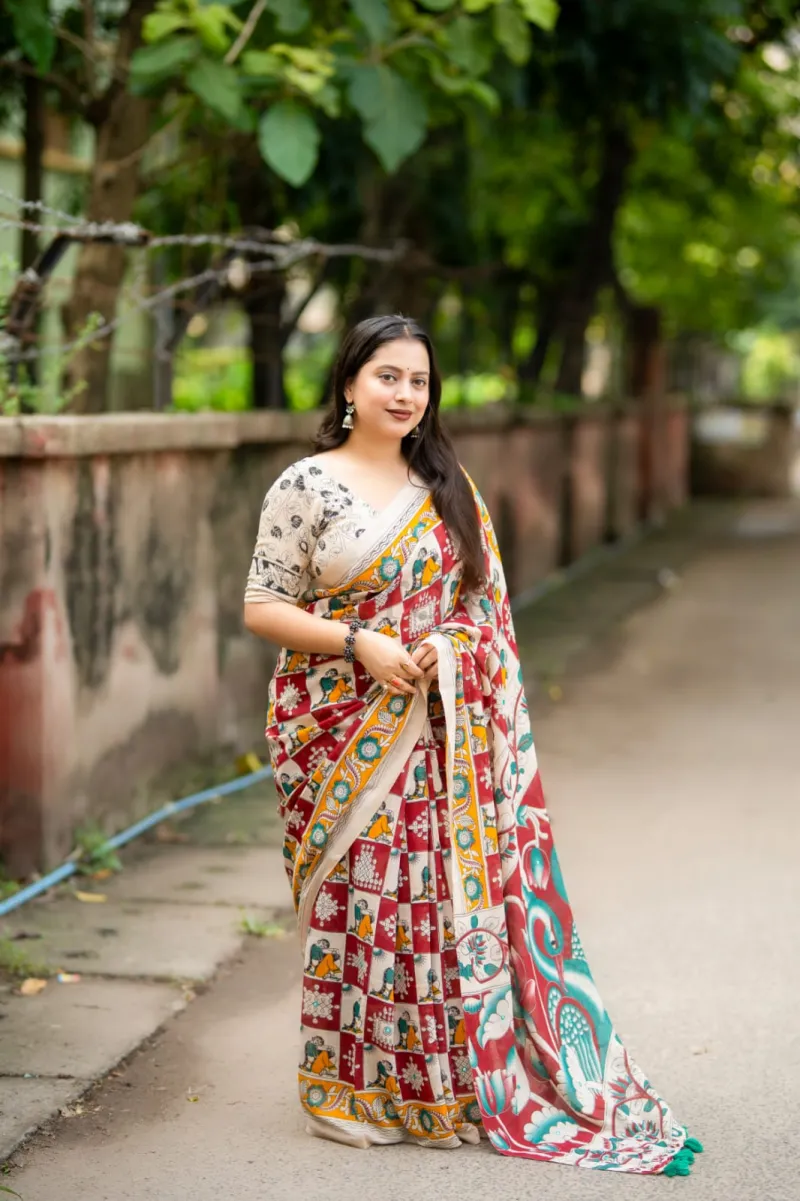 Soft Linen Printed Saree in Madhubani and Kalamkari Styles view 9