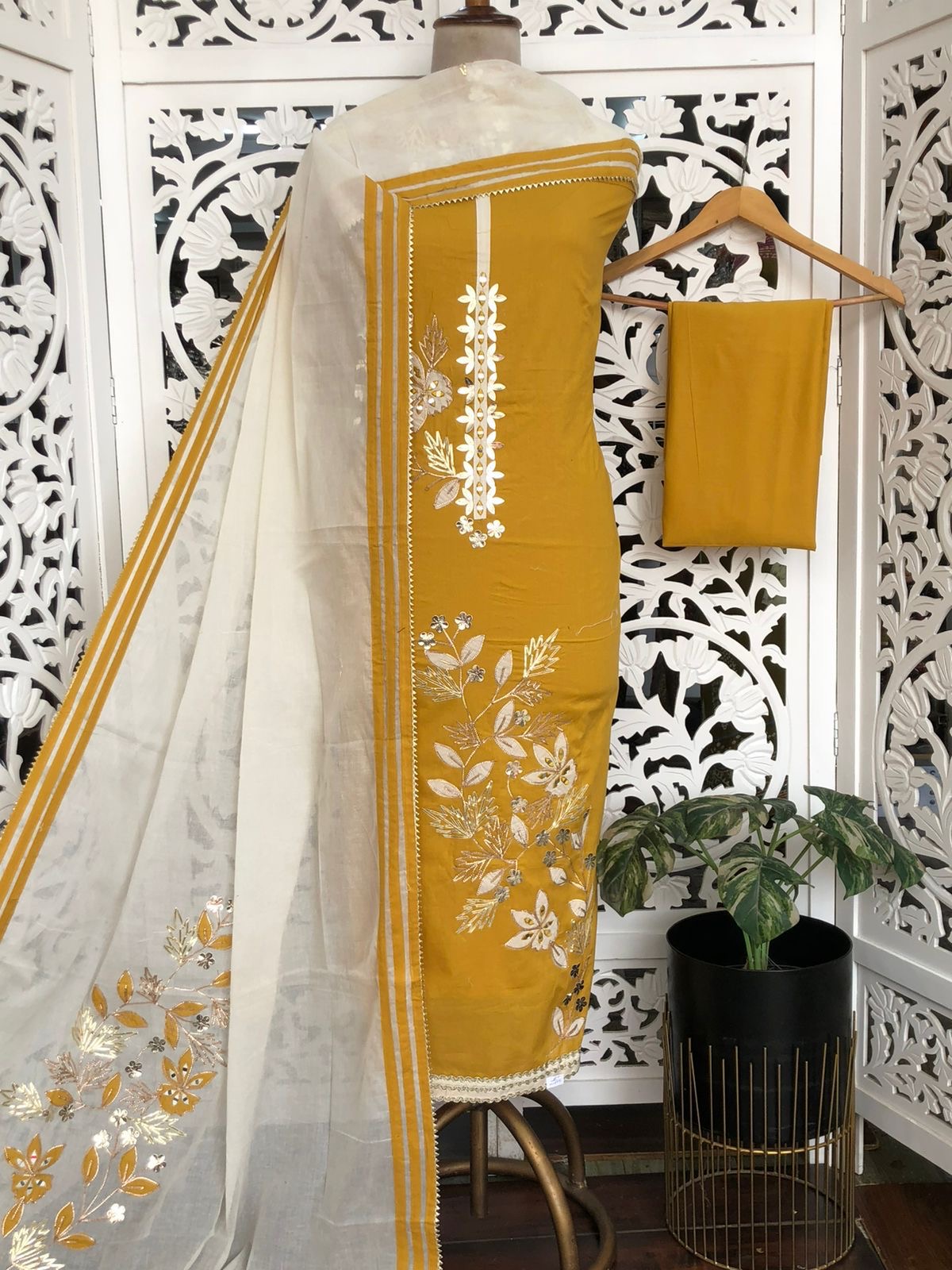 Unstitched Cotton Suit with Khadi Cotton Dupatta view 3