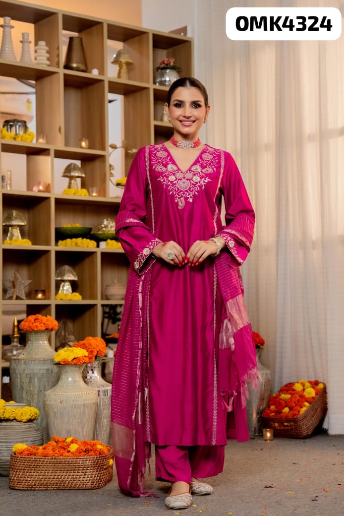 Pure Satori Silk Long Straight Kurti Set with Heavy Embroidery view 3