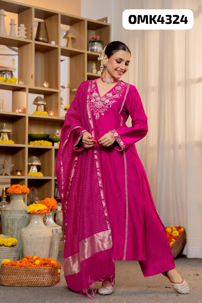 Pure Satori Silk Long Straight Kurti Set with Heavy Embroidery view 4