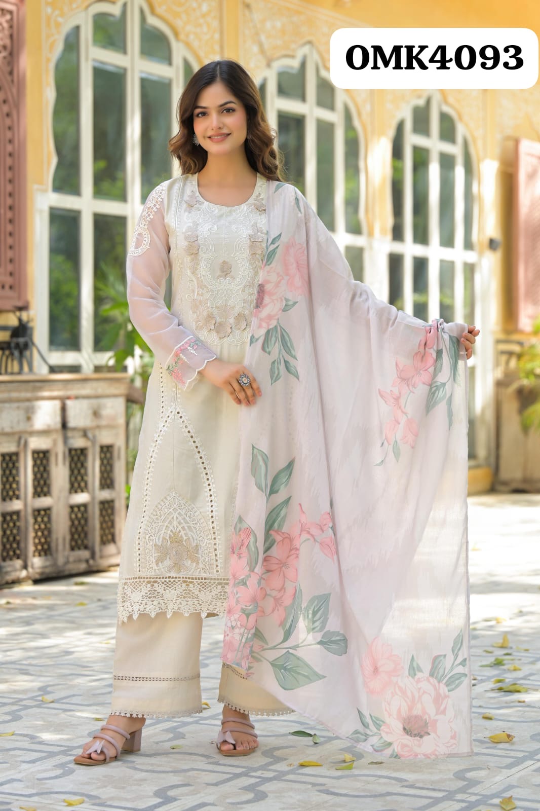 Pakistani Cotton Kurti Set with Digital Floral Print and Lace Detailing