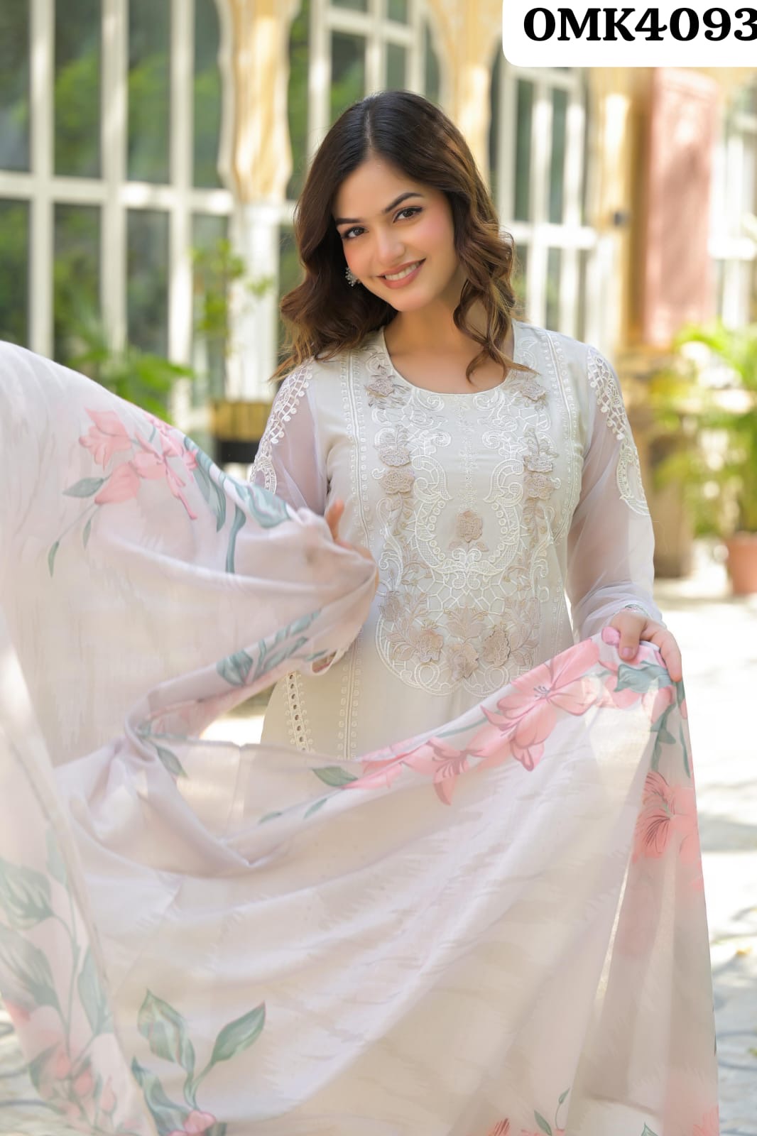 Pakistani Cotton Kurti Set with Digital Floral Print and Lace Detailing view 3