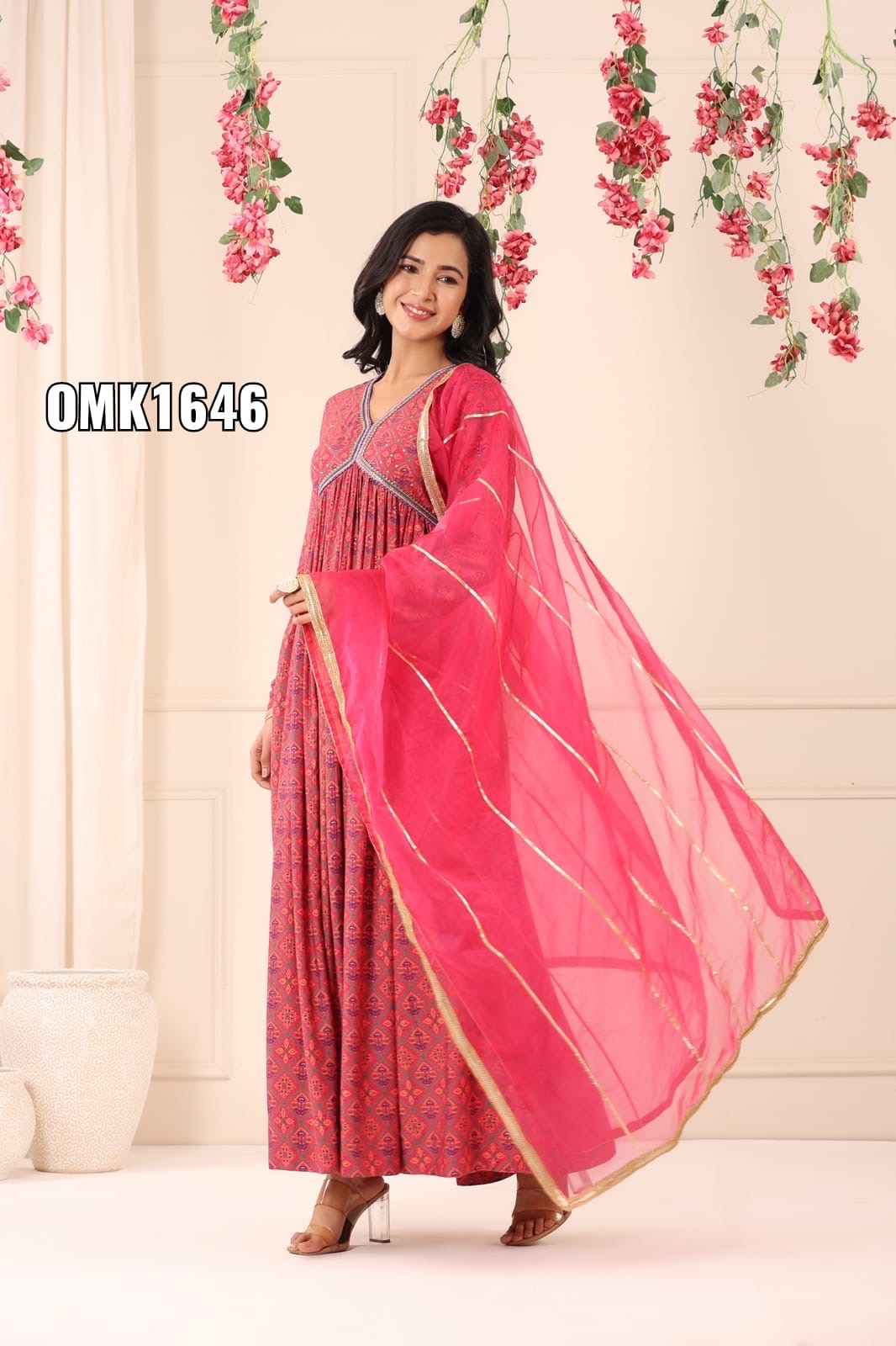 Premium Muslin Three-Piece Kurti Set with Extensive Embroidery and Gota Detailing