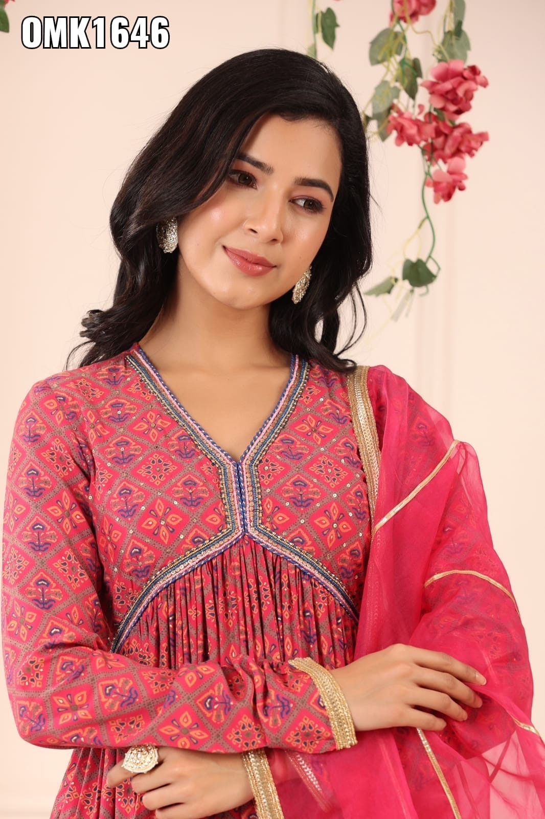 Premium Muslin Three-Piece Kurti Set with Extensive Embroidery and Gota Detailing