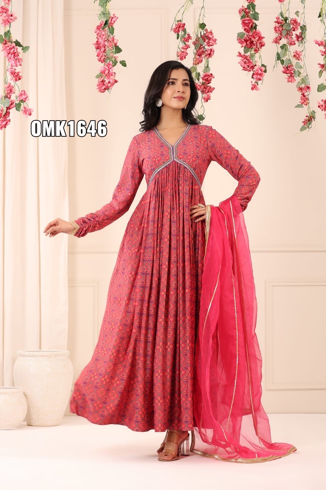 Premium Muslin Three-Piece Kurti Set with Extensive Embroidery and Gota Detailing view 3