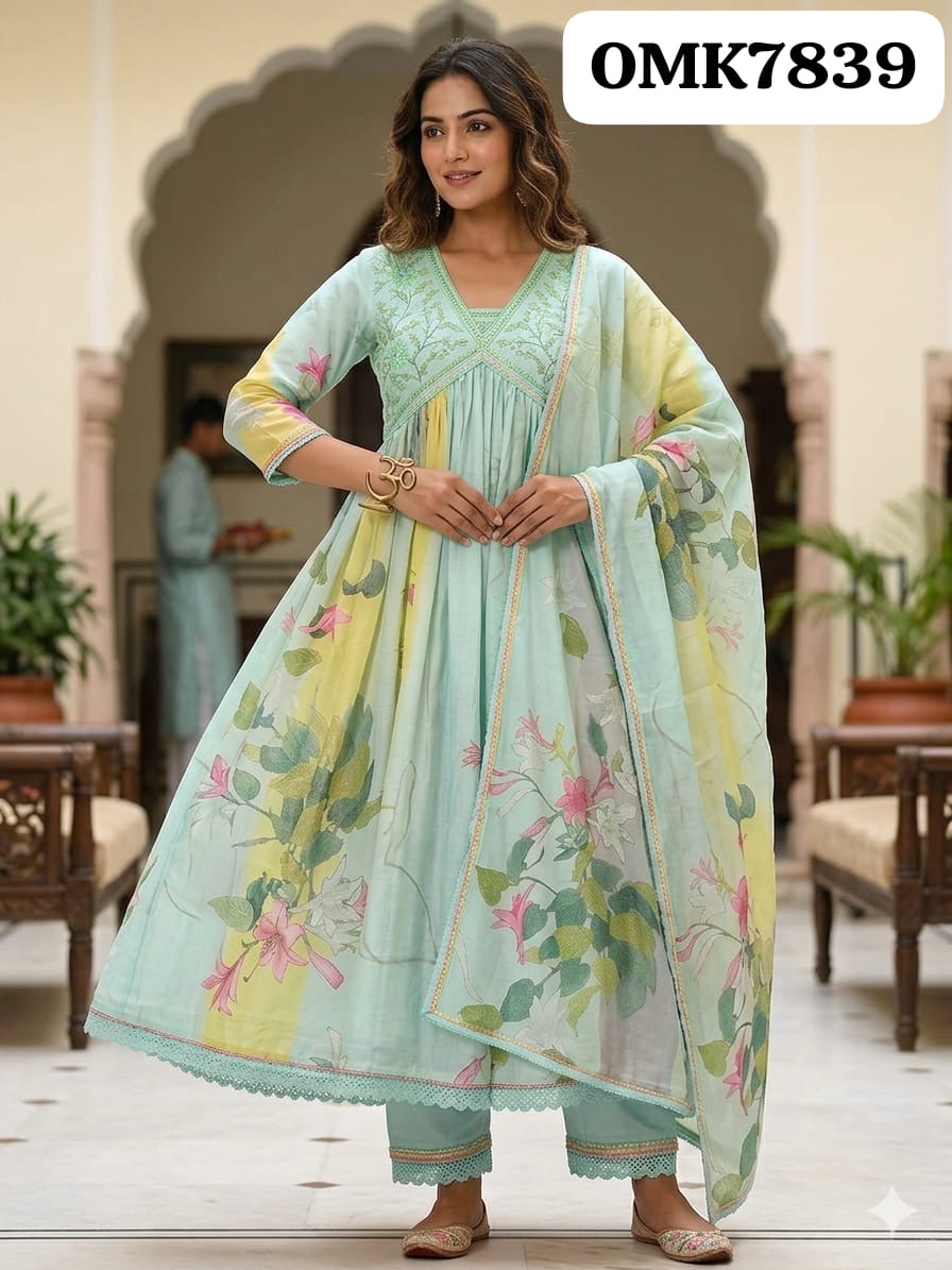 Three-Piece Floral Print Anarkali Kurti Set