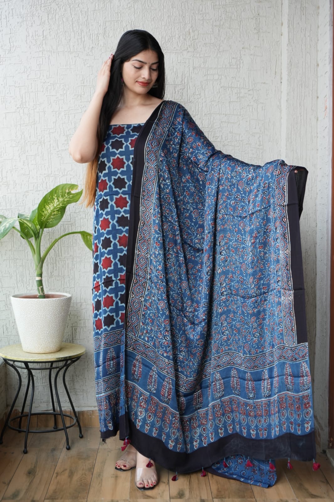 Ajrakh Modal Unstitched Suit Set view 6