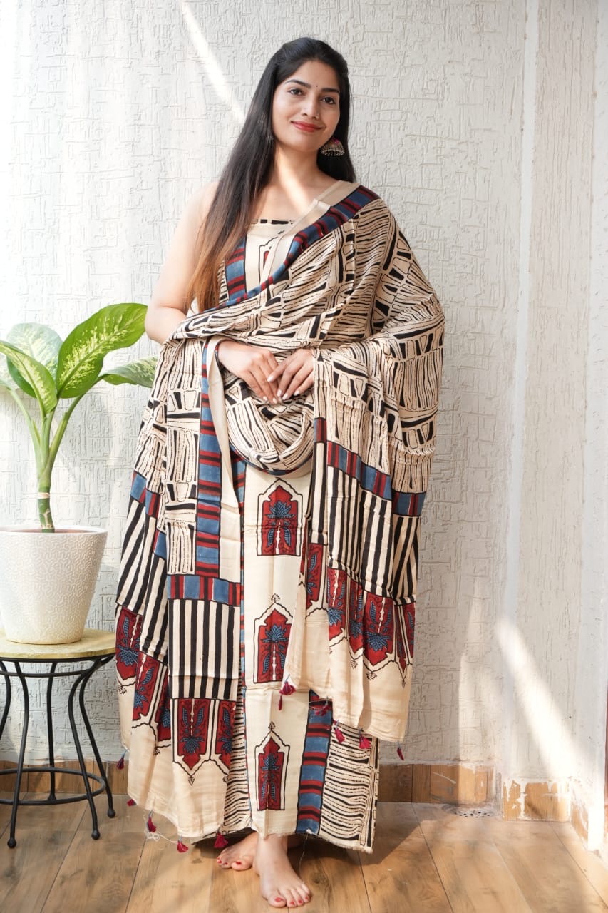 Ajrakh Modal Unstitched Suit Set view 10