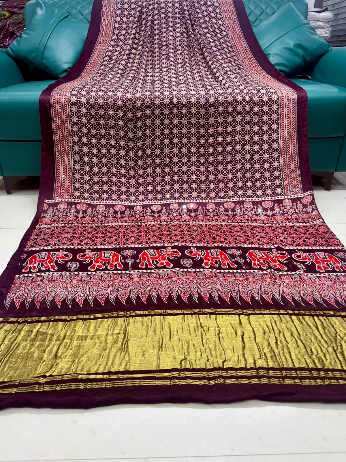 Ajrakh Saree in Gaji Silk with Bandhani and Gota Patti Hand Work view 2