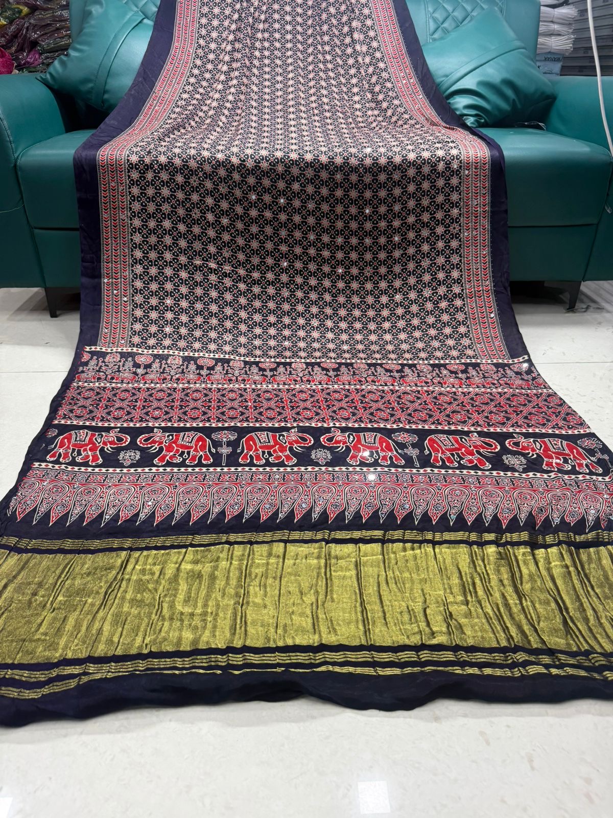Ajrakh Saree in Gaji Silk with Bandhani and Gota Patti Hand Work