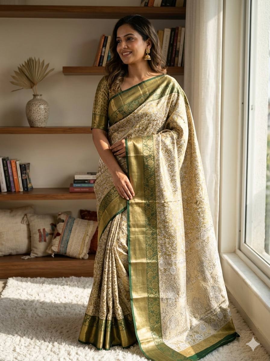 Pure Kanjivaram Silk Saree with Mina Weaving, Contrast Border, and Gold Zari Pallu