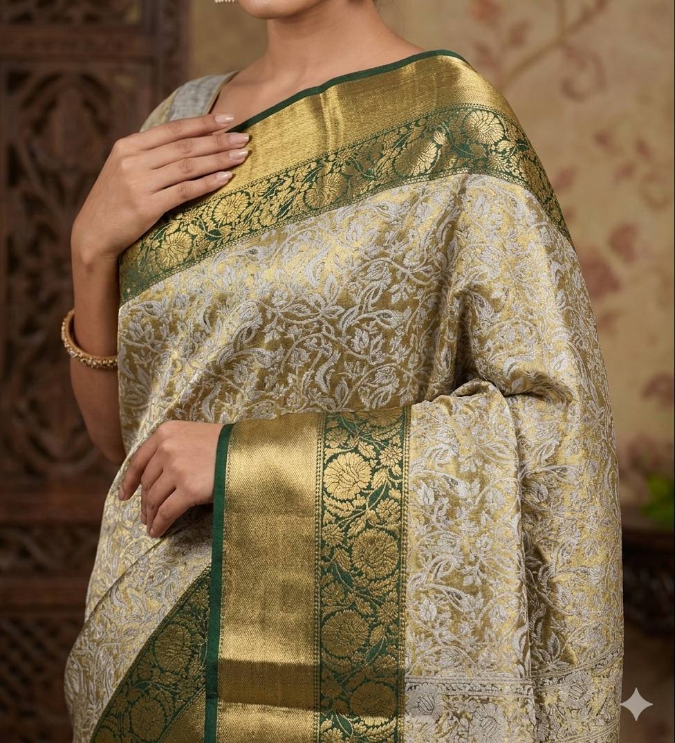 Pure Kanjivaram Silk Saree with Mina Weaving, Contrast Border, and Gold Zari Pallu view 3