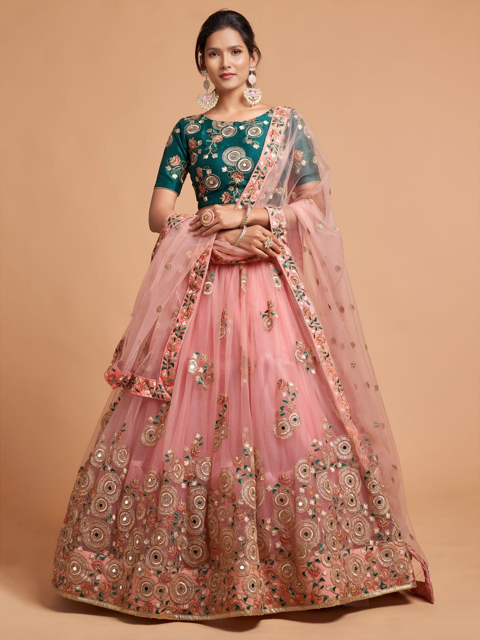 Peach Pink & Green Designer Lehenga Choli with Elegant Embroidery and Mirror Work