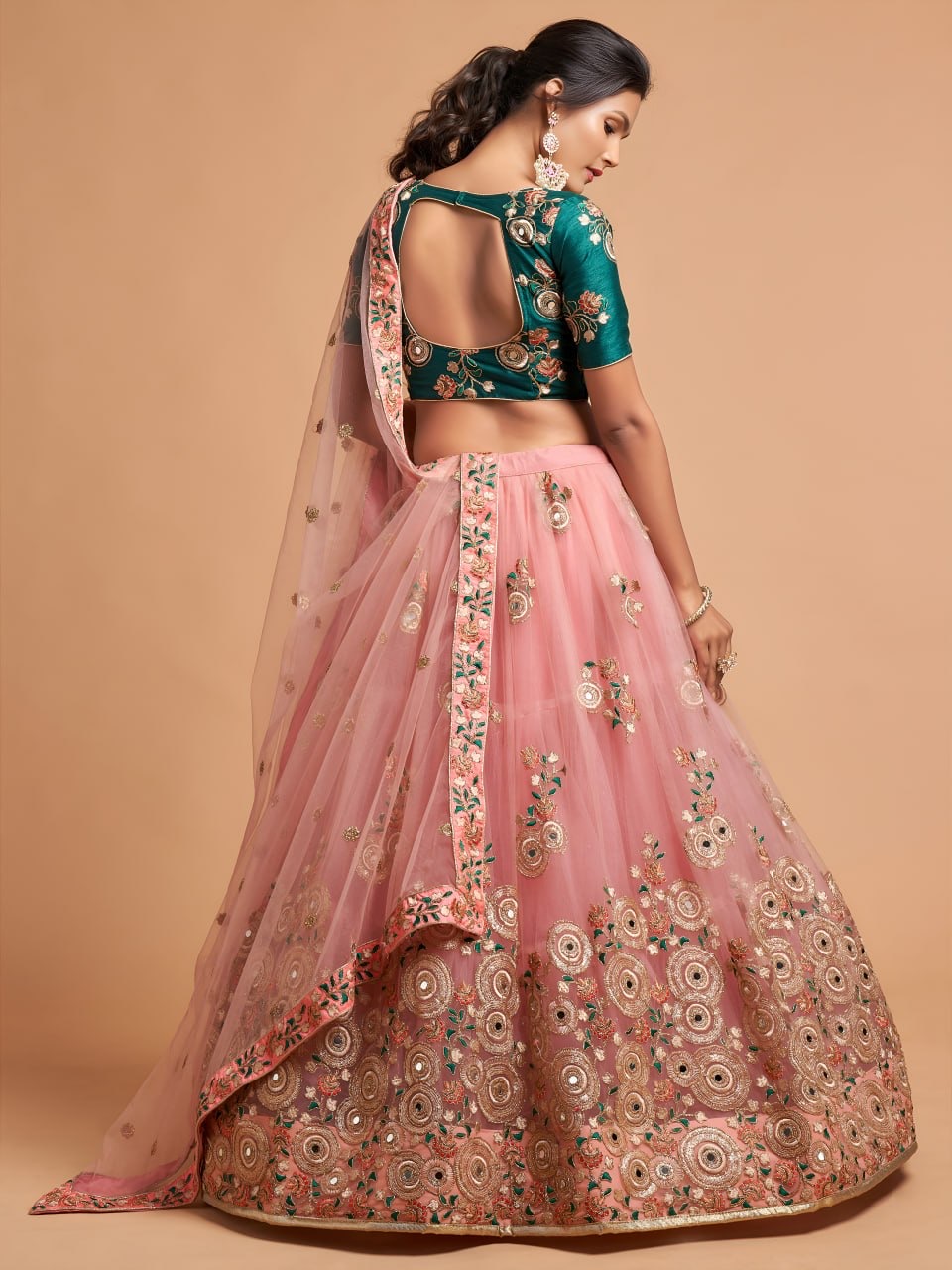 Peach Pink & Green Designer Lehenga Choli with Elegant Embroidery and Mirror Work