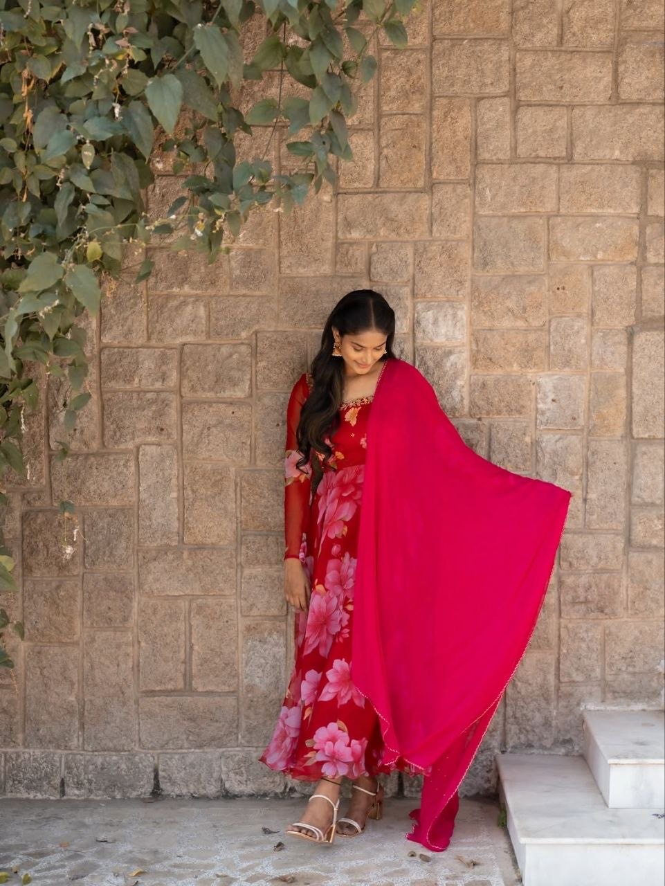 Digital Floral Printed Alfino Chiffon Kurti Set with Dupatta and Embroidery on Front Yoke view 2