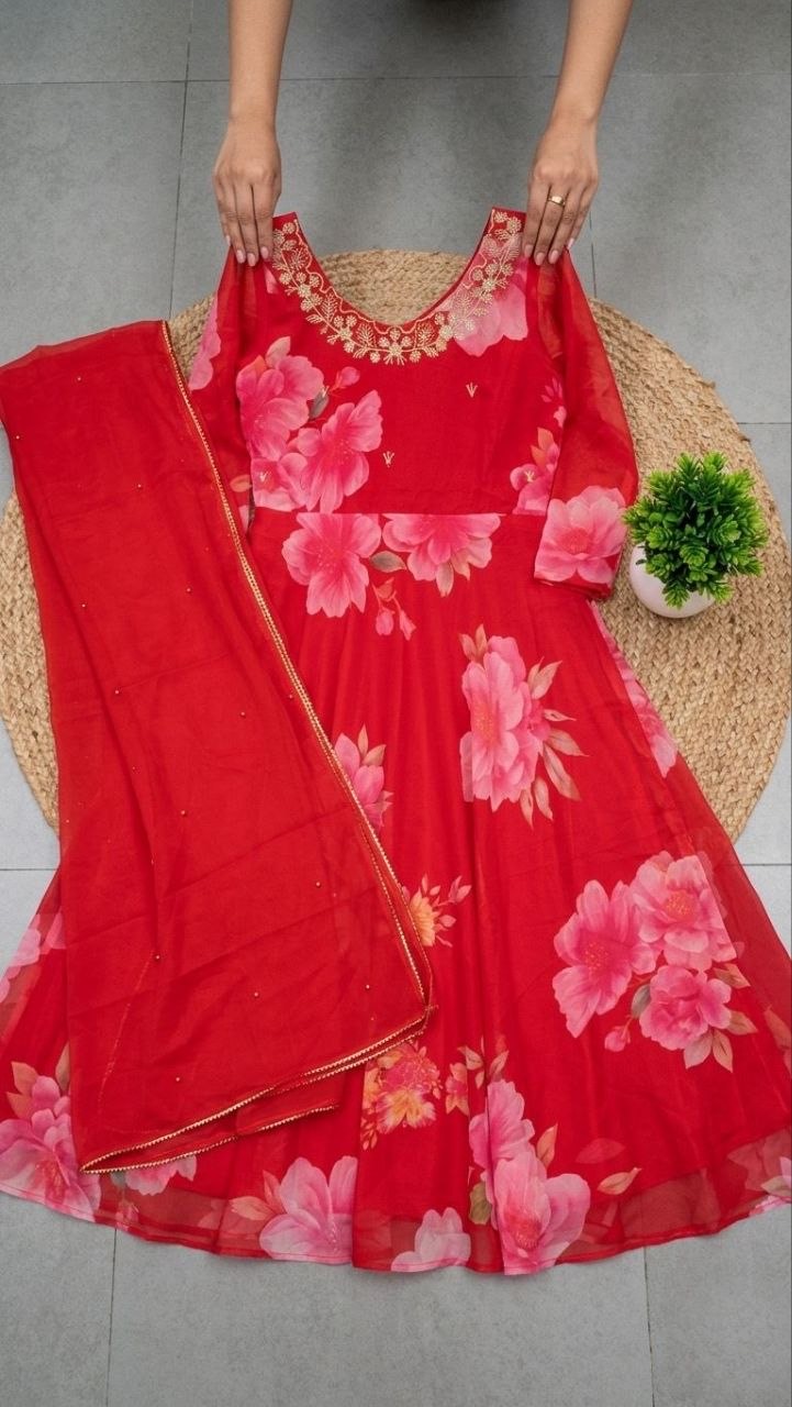 Digital Floral Printed Alfino Chiffon Kurti Set with Dupatta and Embroidery on Front Yoke view 3