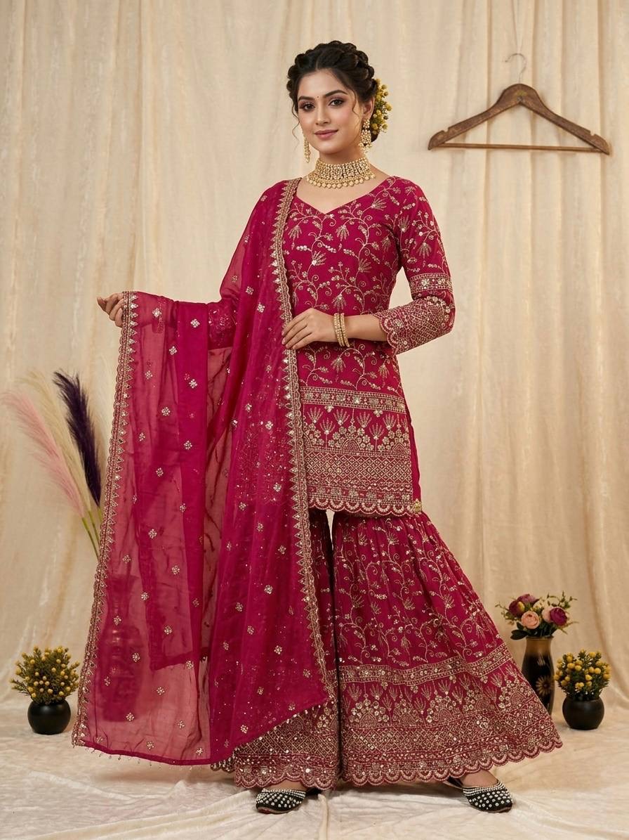 New Designer Party Wear Kurti Set with Sharara Palazzo and Dupatta