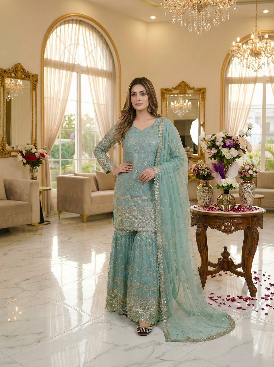 New Designer Party Wear Kurti Set with Sharara Palazzo and Dupatta view 3
