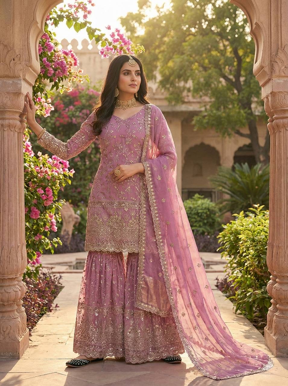 New Designer Party Wear Kurti Set with Sharara Palazzo and Dupatta view 4