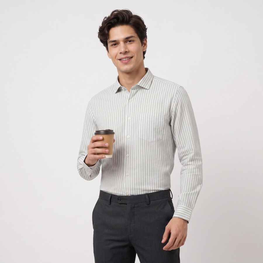 Light Green Striped Regular Fit Formal Shirt