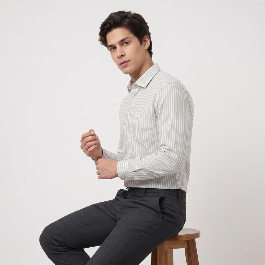 Light Green Striped Regular Fit Formal Shirt