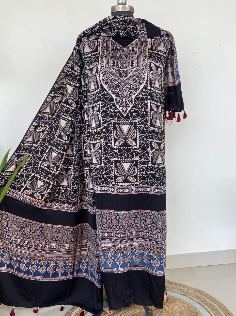 Unstitched Ajrakh Modal Satin Top and Dupatta Set