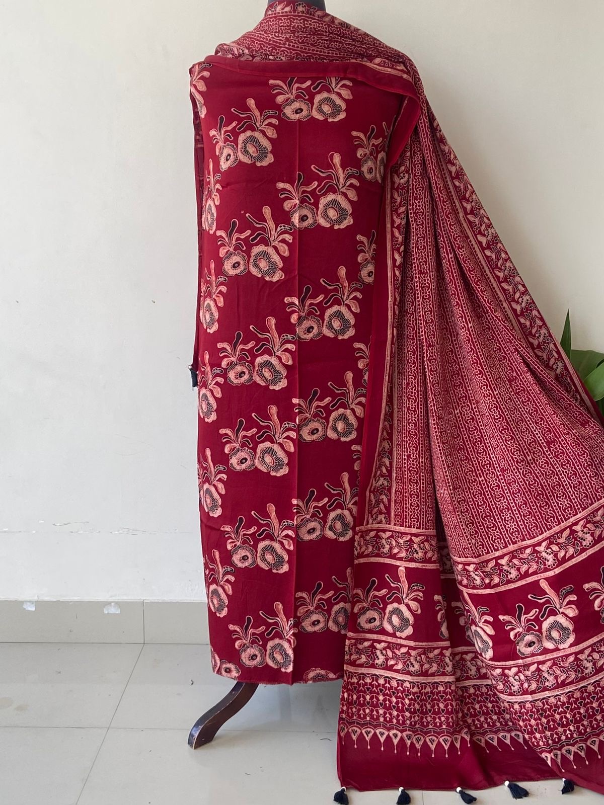 Unstitched Ajrakh Modal Satin Top and Dupatta Set view 11
