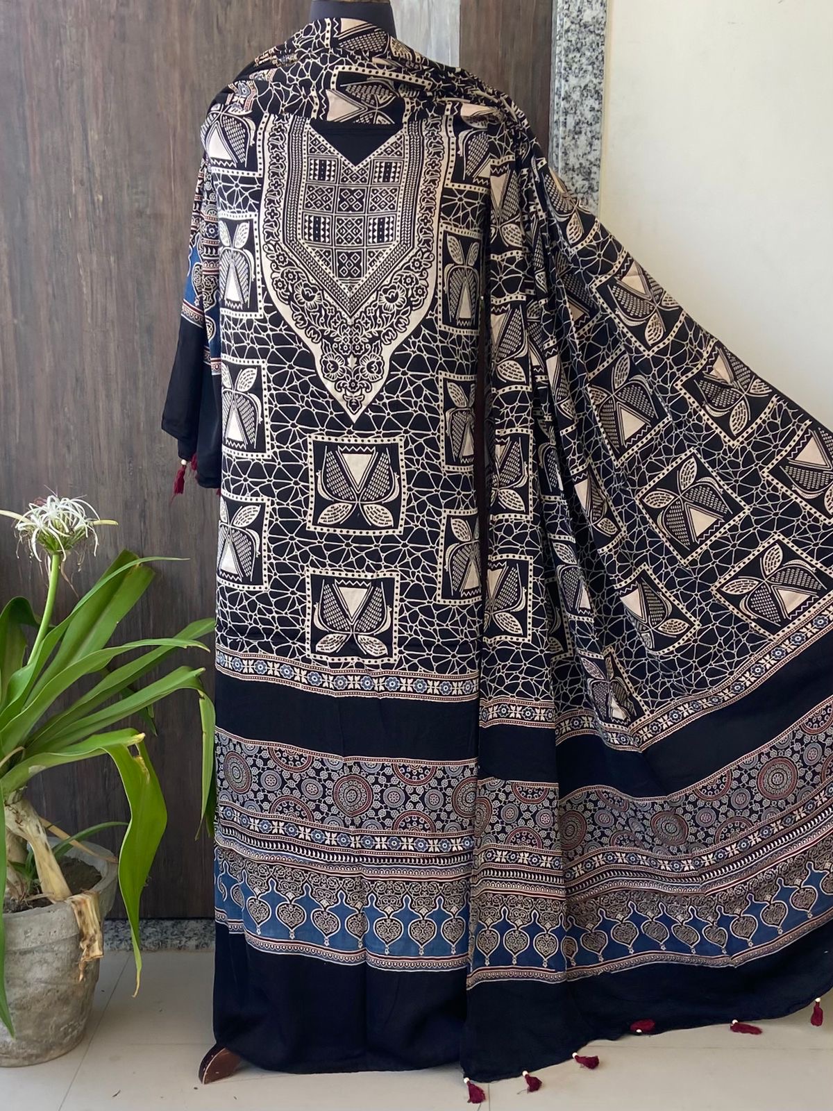 Unstitched Ajrakh Modal Satin Top and Dupatta Set view 15