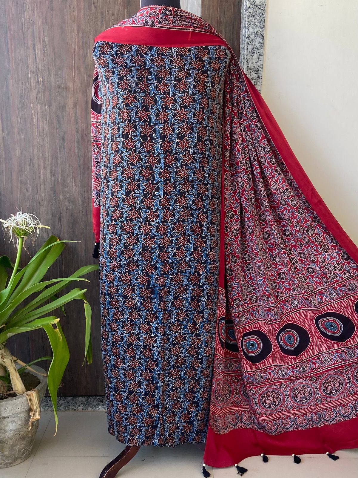 Unstitched Ajrakh Modal Satin Top and Dupatta Set view 16
