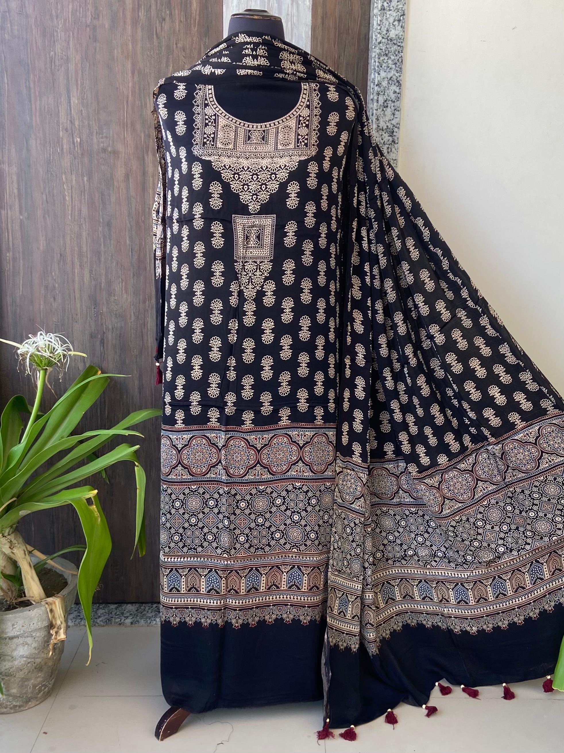 Unstitched Ajrakh Modal Satin Top and Dupatta Set view 17
