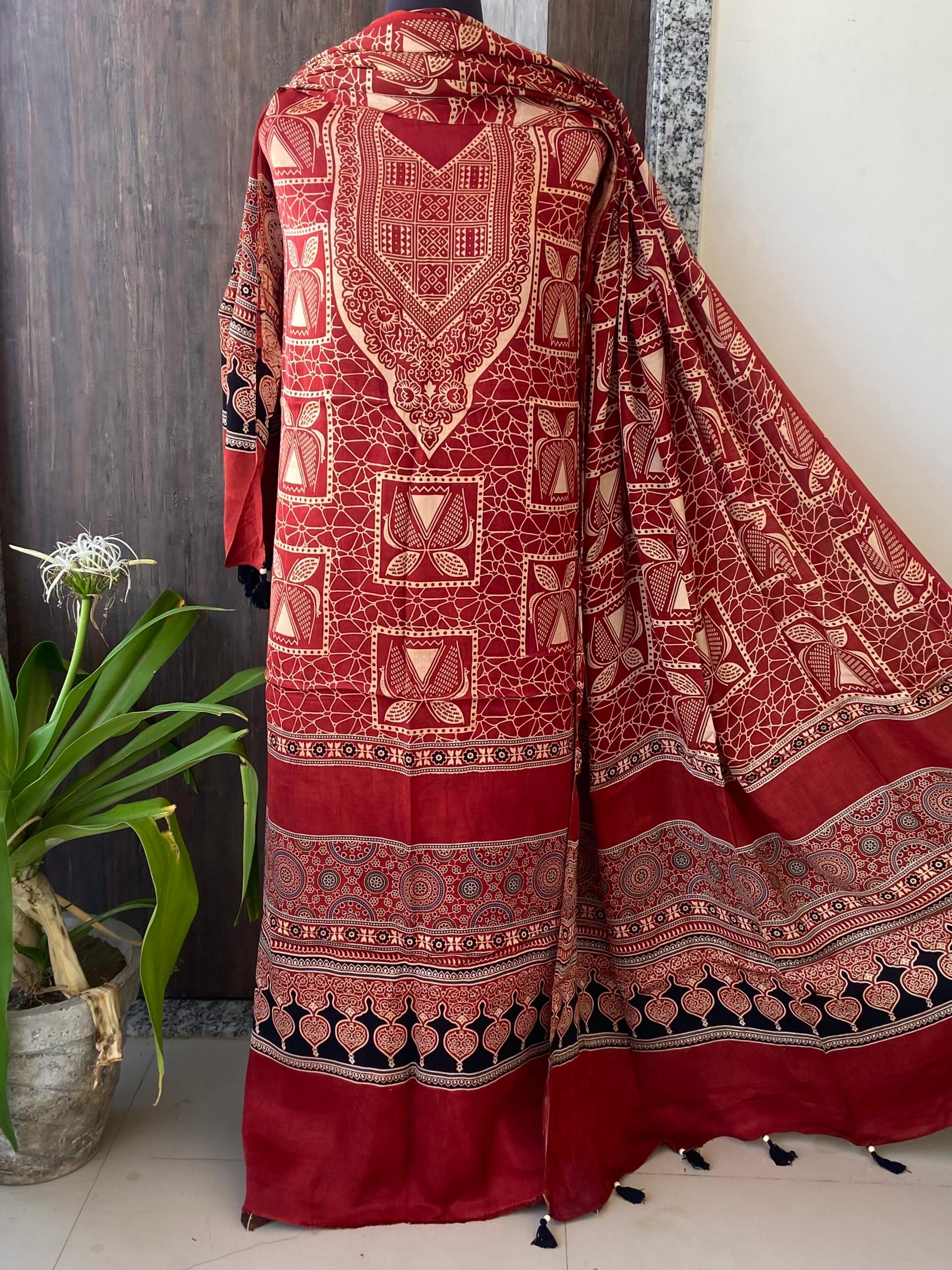 Unstitched Ajrakh Modal Satin Top and Dupatta Set view 19