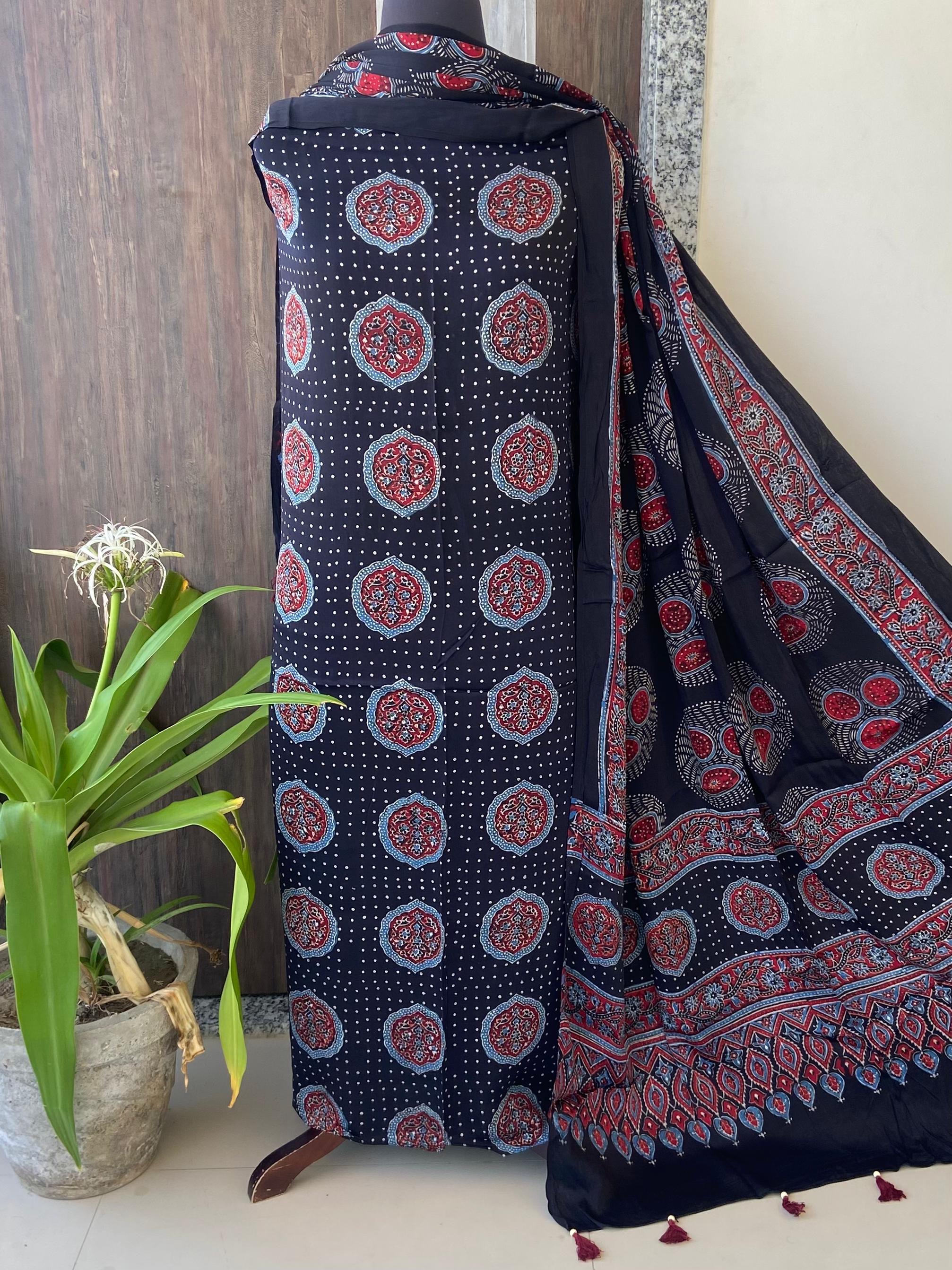 Unstitched Ajrakh Modal Satin Top and Dupatta Set view 20