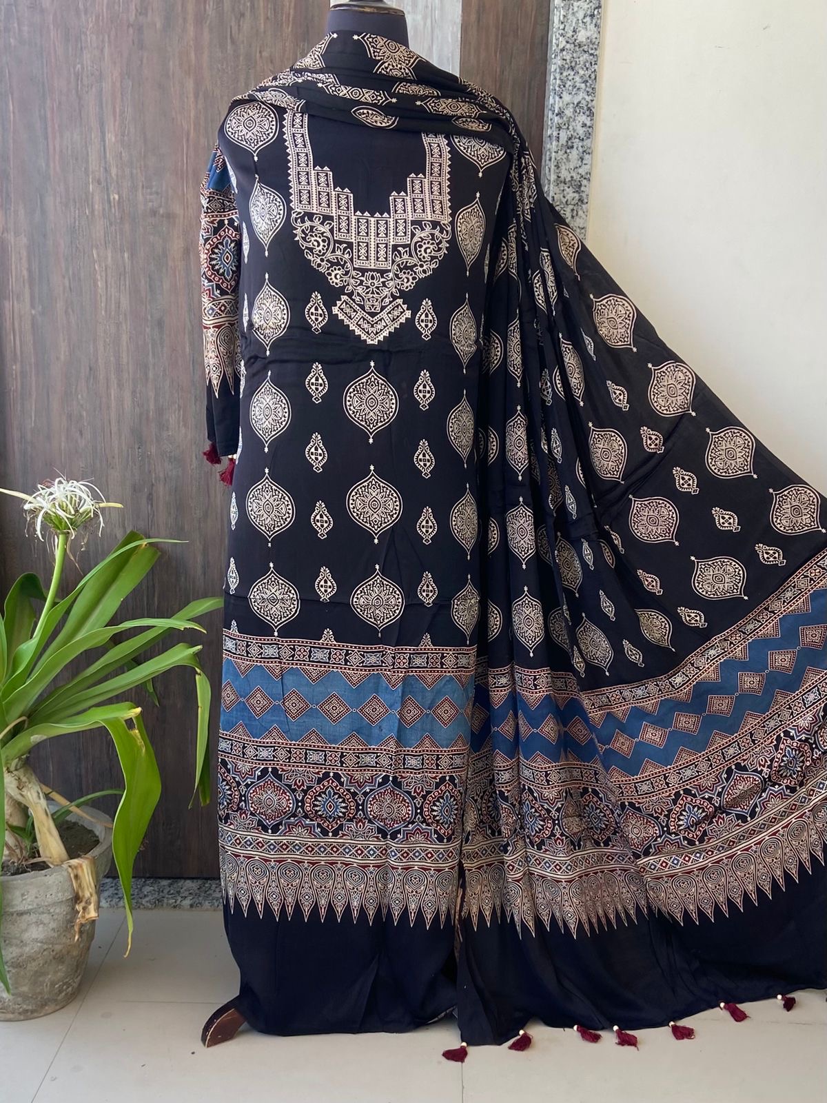Unstitched Ajrakh Modal Satin Top and Dupatta Set