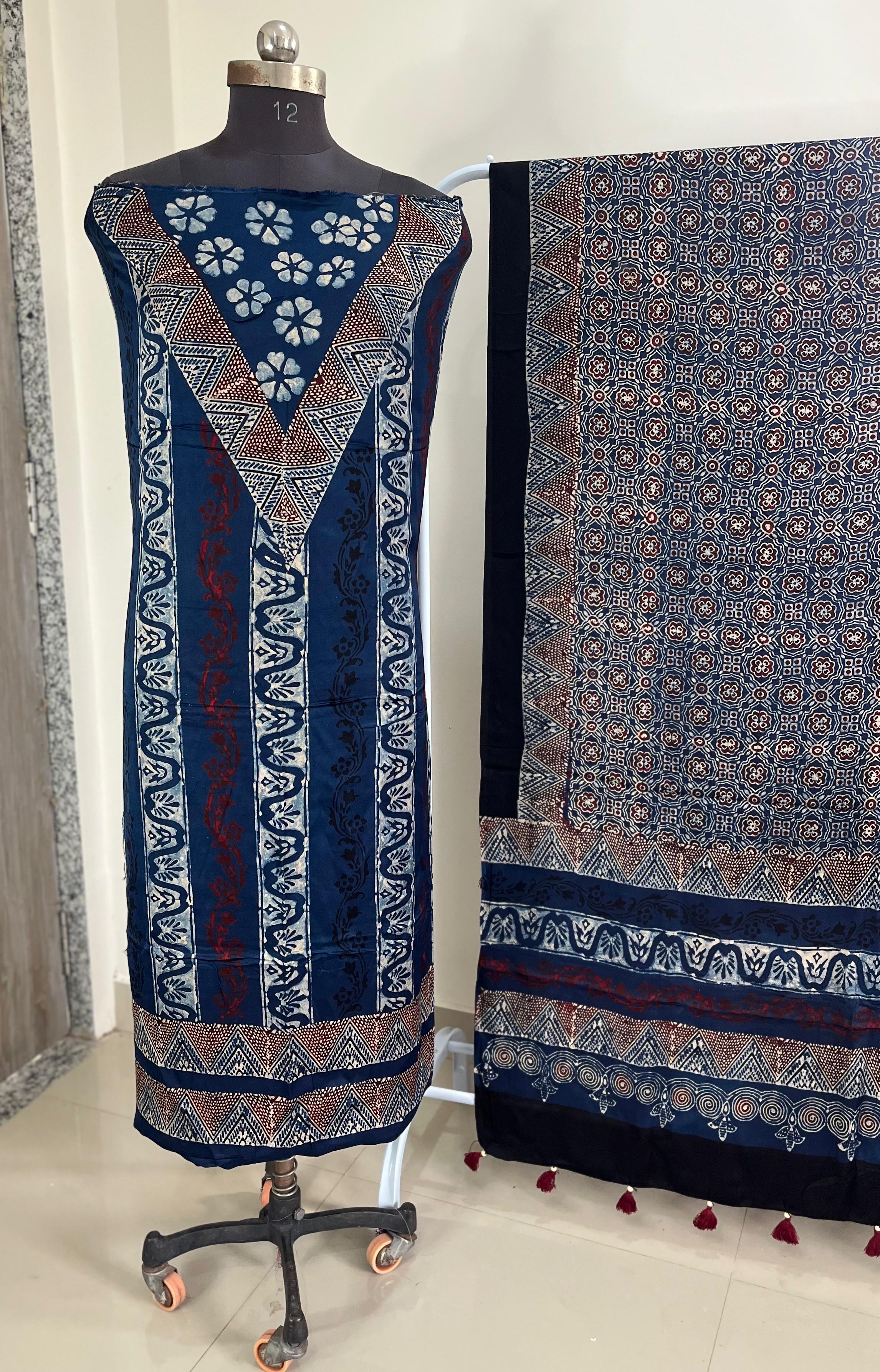 Unstitched Ajrakh Modal Satin Top and Dupatta Set view 22