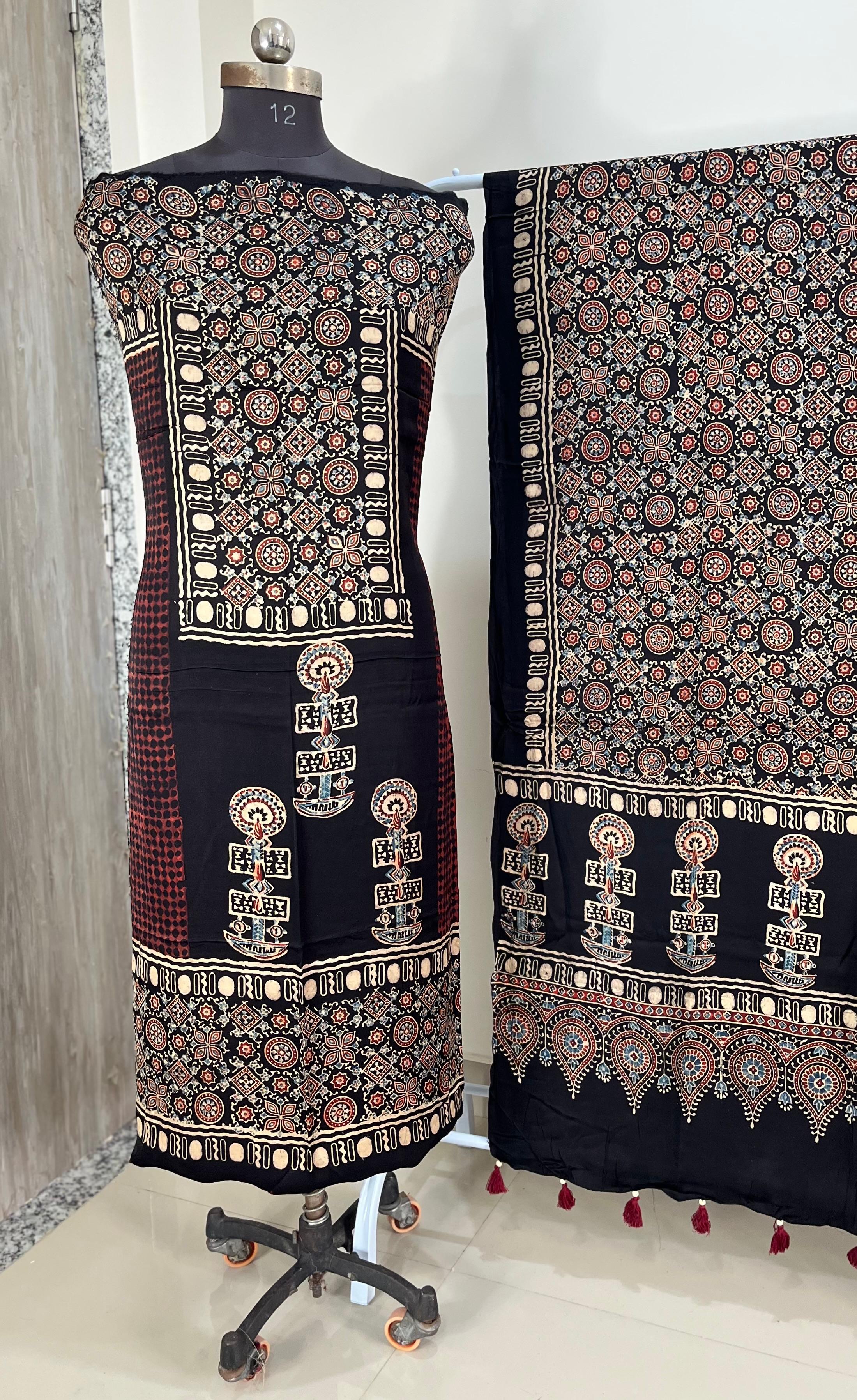 Unstitched Ajrakh Modal Satin Top and Dupatta Set view 23