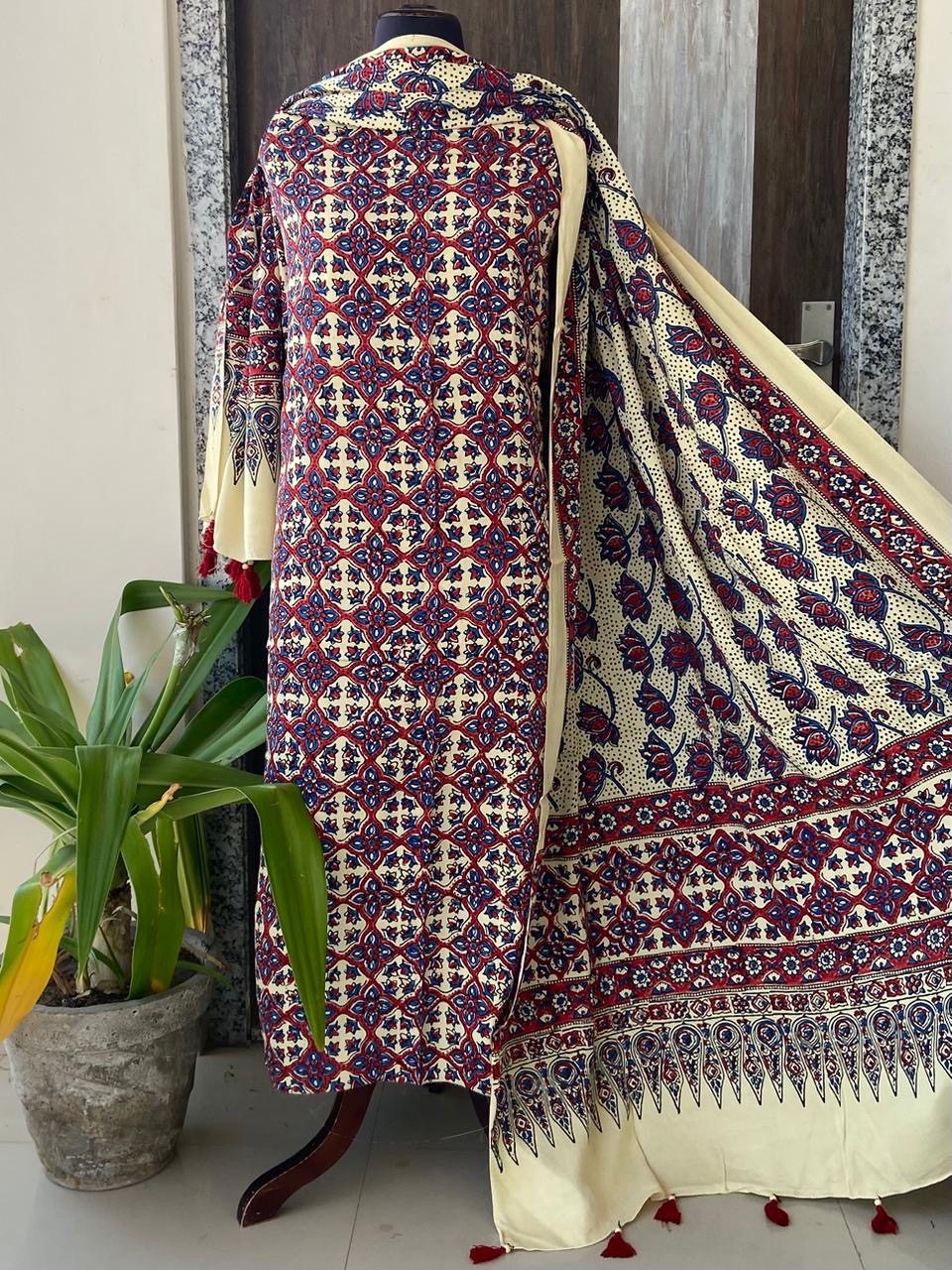 Unstitched Ajrakh Modal Satin Top and Dupatta Set view 6