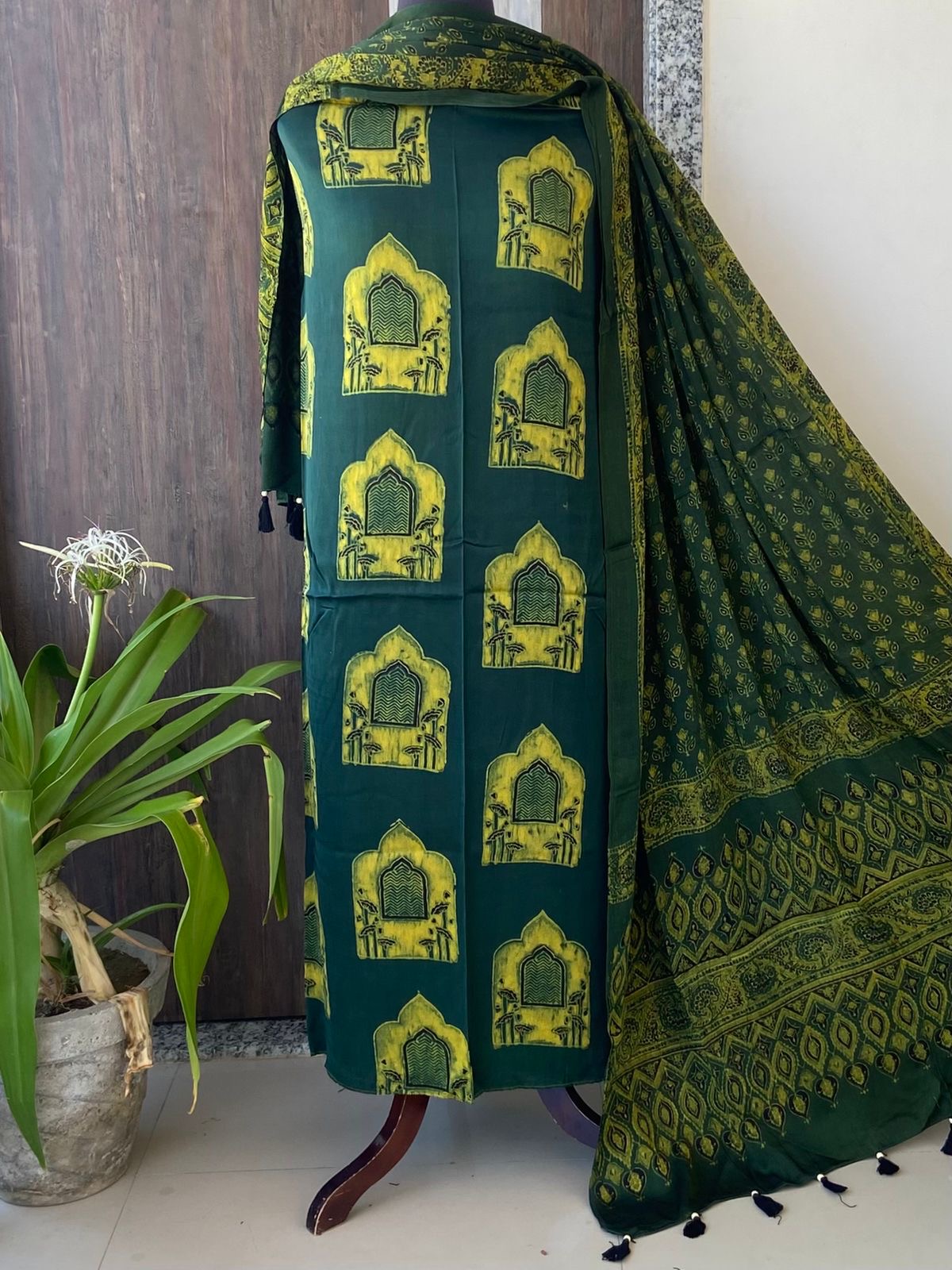 Unstitched Ajrakh Modal Satin Top and Dupatta Set view 7