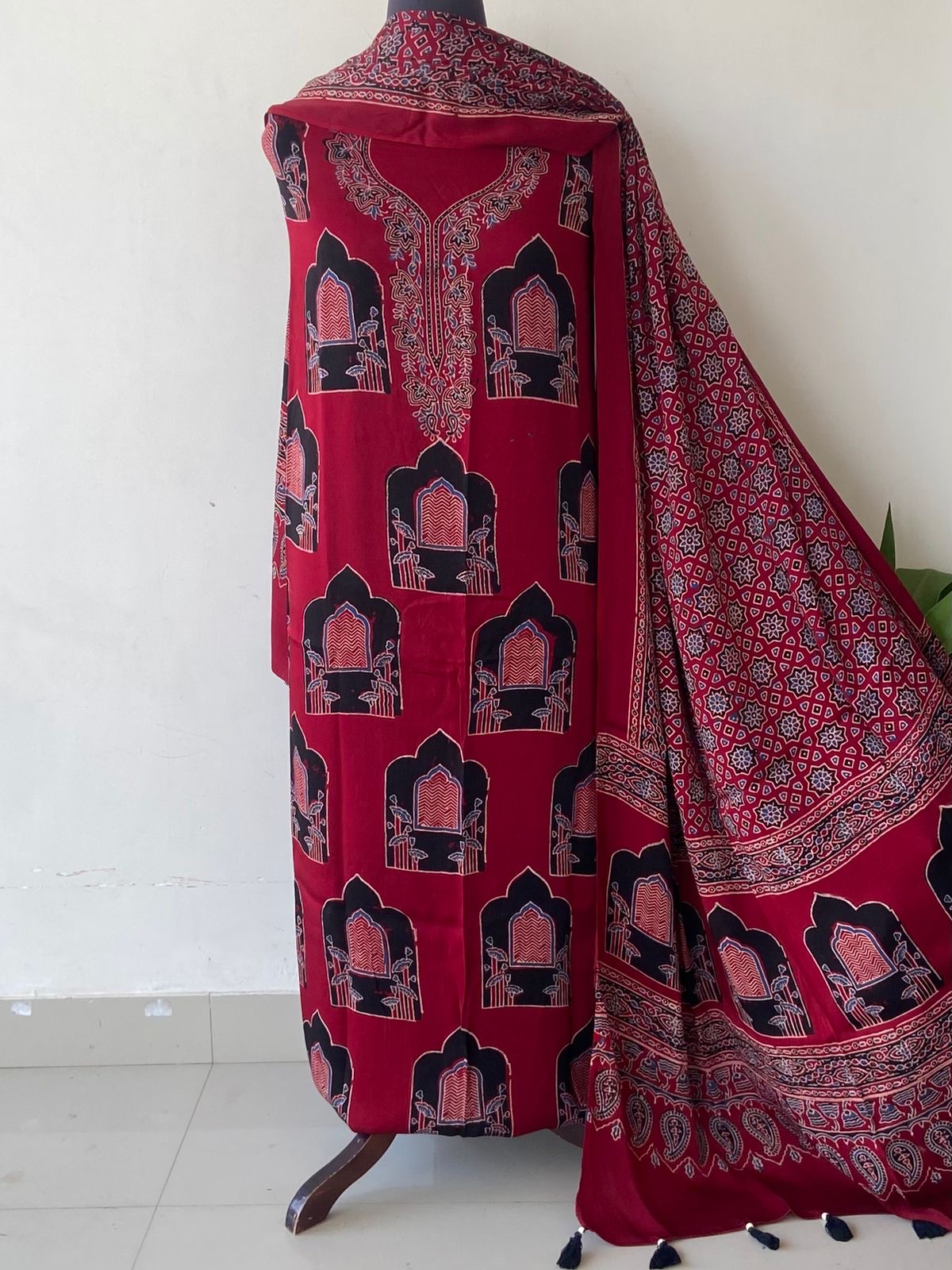Unstitched Ajrakh Modal Satin Top and Dupatta Set view 8