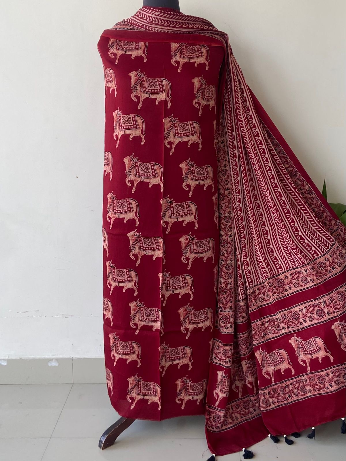 Unstitched Ajrakh Modal Satin Top and Dupatta Set view 9